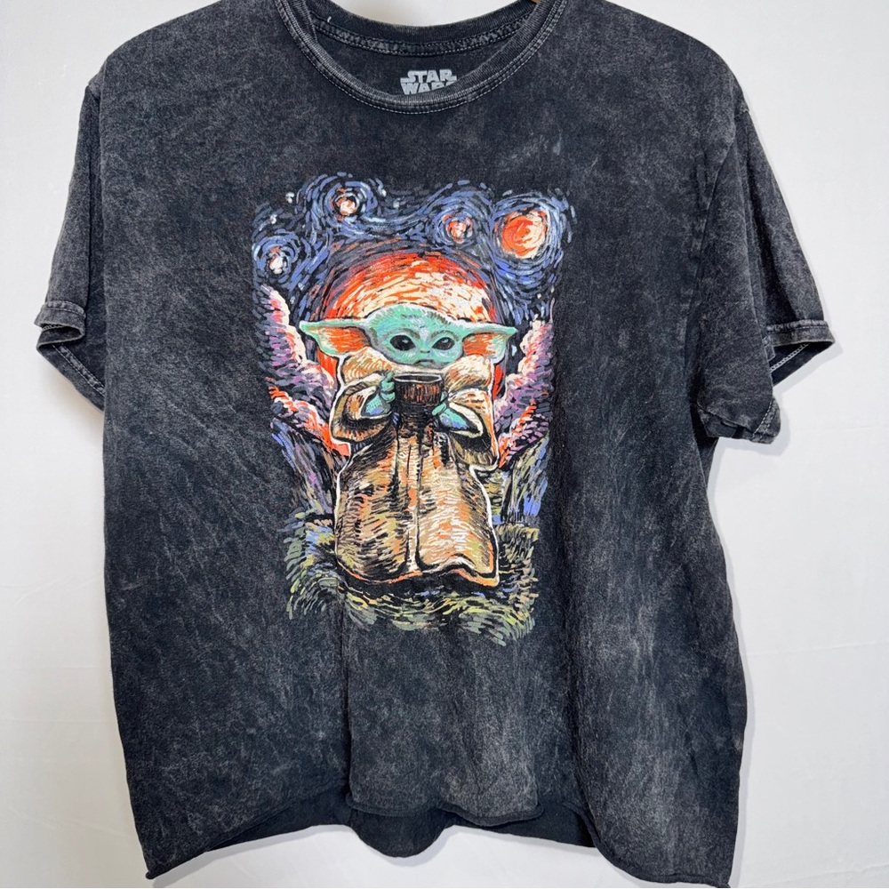 Fifth Sun Star Wars Black Graphic Tee Large Grogu Baby Yoda Cutoff Cropped Punk